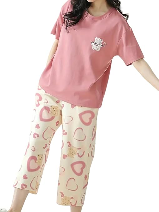 GLASGO Women’s Cotton Pajama Set with Top & Capri Pants|| Korean Night Wear|| Loose Fit Home Wear || Lightweight Printed Pyjama Set || Soft & Comfy Sleepwear for Girls & Women||CAPRI-1-$